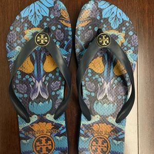 Tory Burch Navy Blue Orange Floral Flip Flops Sz 9